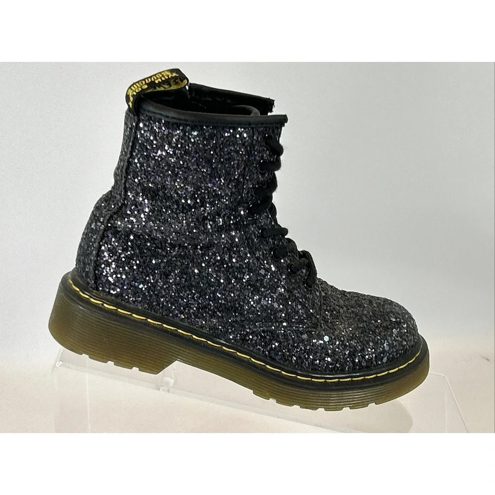 Doc Dr. Martens Black Glitter Combat Boots Kids Size 13 1460 Glitter J Side Zip - Picture 1 of 14